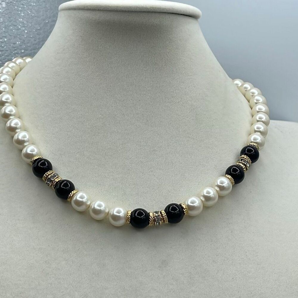 Vintage elegance faux pearl necklace rhinestone spacers .